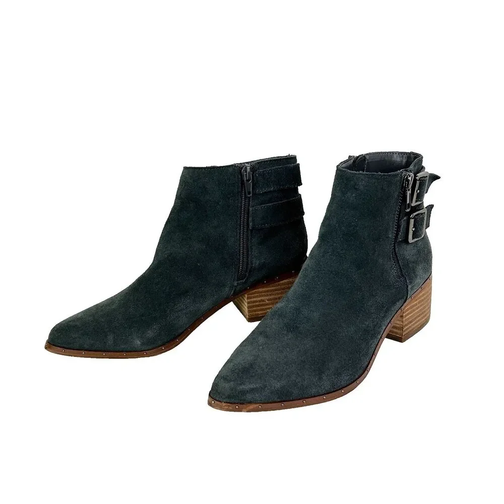 Bleecker & Bond Georgia Suede Ankle Bootie Grey Boots Studded Buckles Pointed 8